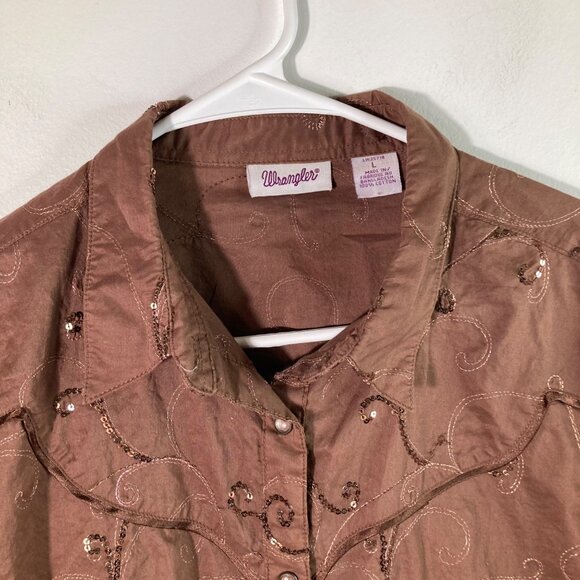 Womens Wrangler Western Pearl Snap Shirt L Embroidered Sequins Brown Cotton - Picture 4 of 8